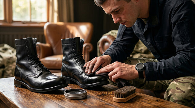 Soldier polishing black leather combat boots. Close up of military personnel shining tactical footwear with cloth and polish