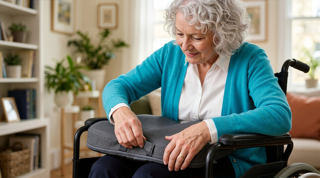 Senior woman sitting in wheelchair adjusting her seat cushion at home. Older female using ergonomic pressure relief pad for comfort