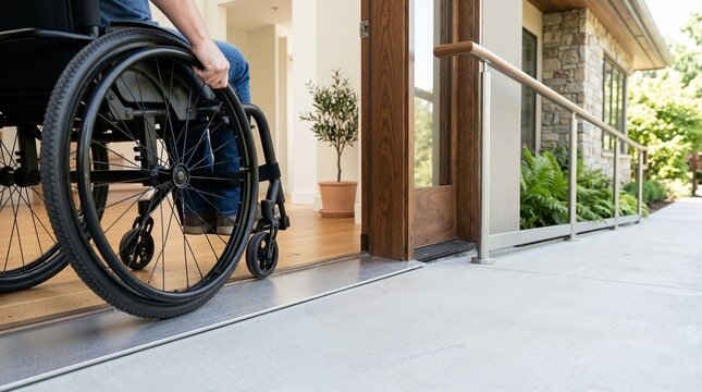 Wheelchair user exiting modern home through accessible threshold ramp. Low angle view of wheelchair rolling onto outdoor patio with handrail