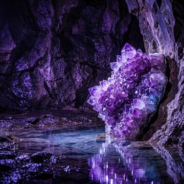 A mysterious, naturally purple illuminated cavern with shimmering, reflective pools and sparkling amethyst and quartz crystal formations, formations, stalactites, explore