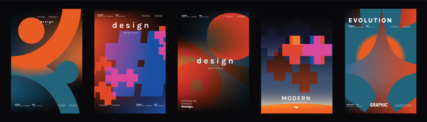 Abstract poster templates set. Vector dark geometric backgrounds with orange, blue and magenta gradients, pixel shapes and modern digital compositions for covers, flyers and branding.