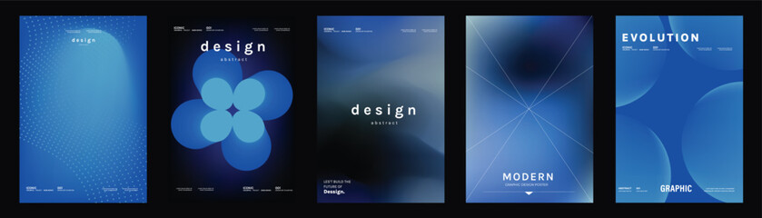 Fototapeta na wymiar Abstract poster templates set. Vector blue gradient geometric backgrounds with glowing lines, soft circles and modern digital compositions for covers, flyers, brochures and branding.