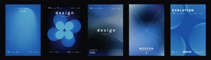 Abstract poster templates set. Vector blue gradient geometric backgrounds with glowing lines, soft circles and modern digital compositions for covers, flyers, brochures and branding. © TWINS DESIGN STUDIO