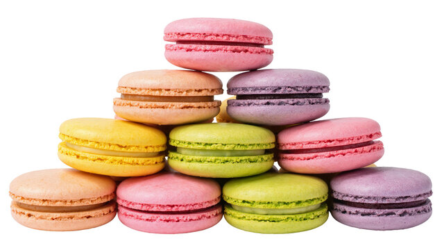 Colorful French macarons stacked in a pyramid, isolated on transparent background