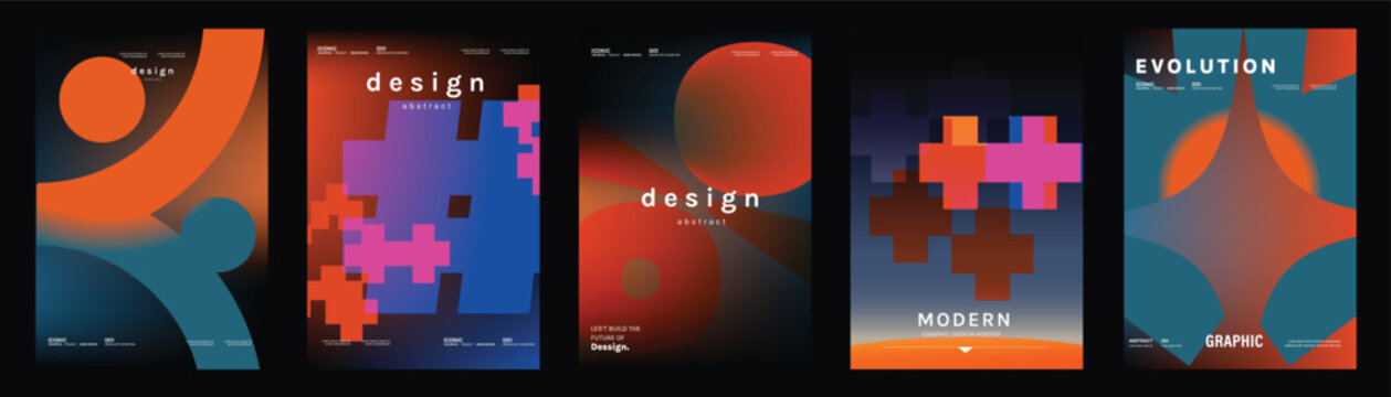 Abstract poster templates set. Vector dark geometric backgrounds with orange, blue and magenta gradients, pixel shapes and modern digital compositions for covers, flyers and branding.