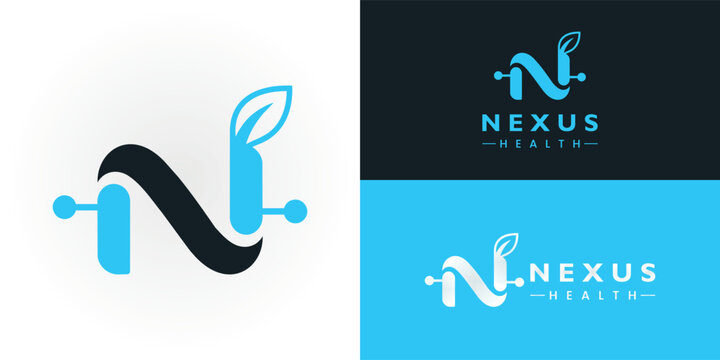 A sleek 'N' logo for a healthy technology app, combining a black curve and blue technological lines with a leaf to symbolise wellness.