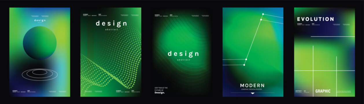 Abstract poster templates set. Vector green gradient geometric backgrounds with neon spheres, rings, mesh waves and futuristic digital compositions for covers, flyers and branding.
