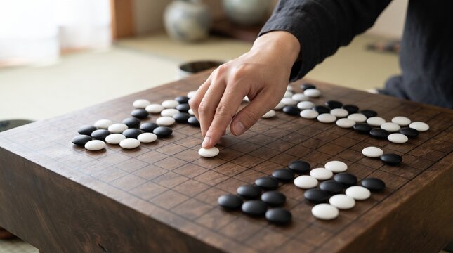 Person placing a white stone on a wooden go board in a traditional room