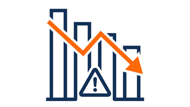 Bar chart showing significant financial decline with downward arrow and warning icon indicating business crisis or economic market failure in a simple flat vector style