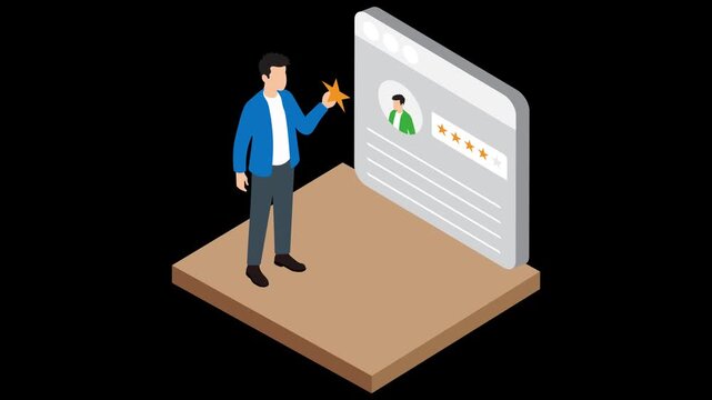 Isometric Animation of Man Giving a Five Star Customer Review