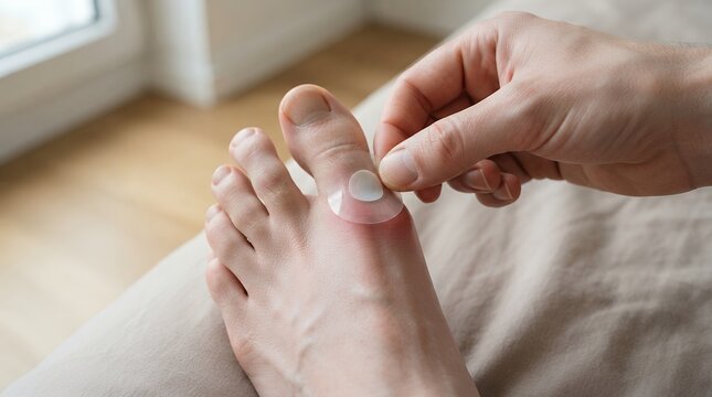 Medical hydrocolloid blister plaster on male foot, transparent adhesive bandage for toe wound healing, protective skin care treatment for painful friction
