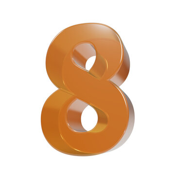 Glossy orange three dimensional number eight digit symbol isolated on black background, for work integer isolated on a transparent background