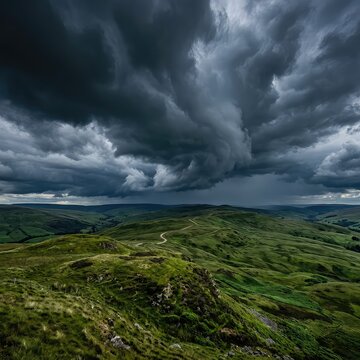 Dramatic view of dark, heavy storm clouds swirling over a expansive landscape of rugged, rolling green hills under a moody, turbulent sky, impending, field, landscape