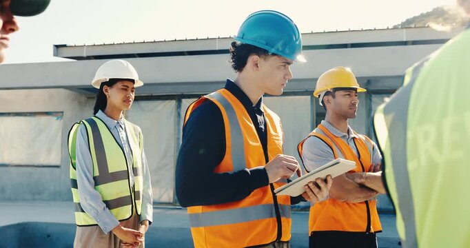 Man, tablet or team on construction site for meeting, service collaboration or typing notes in app. Outdoor, electrician or tech at worksite with group, planning building expansion or task delegation