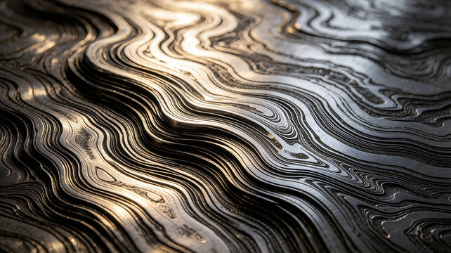 Close up abstract damascus steel metal pattern textured background surface