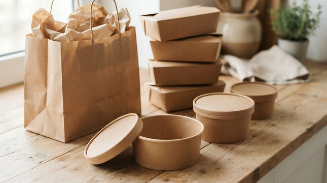 Eco-friendly brown paper food packaging, sustainable kraft takeaway containers and delivery bag, biodegradable meal prep boxes on wooden counter