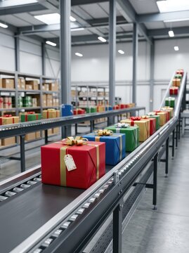 Gift boxes moving along a automated conveyor belt system in a modern factory distribution warehouse for holiday retail fulfillment, warehouse, packaging, industrial