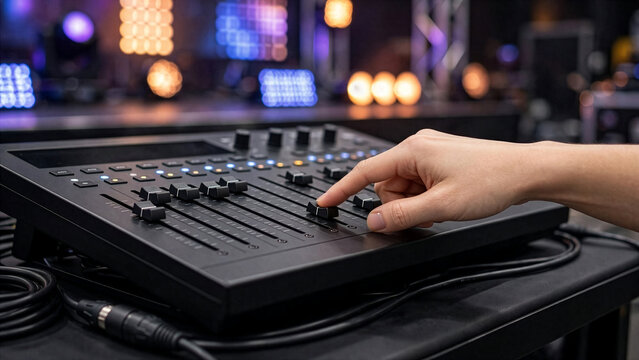 A professional sound engineer's hand adjusts the fader on a digital audio lighting control mixer console panel with blurry stage bokeh background lights.