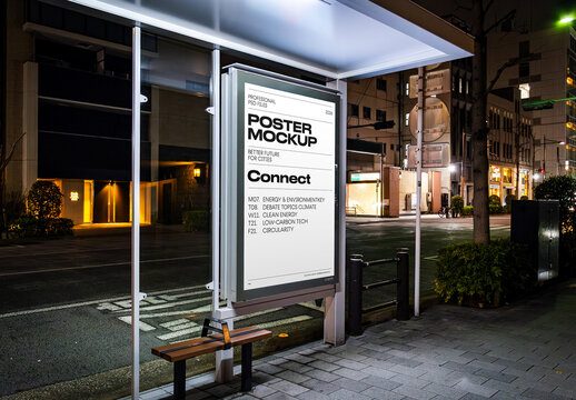 Bus Stop Poster at Night Mockup