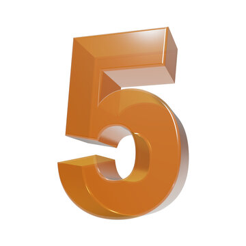 Shiny glossy orange 3d number five digit symbol isolated on black background, for typography projects isolated on a transparent background