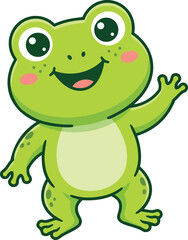 Fototapeta premium Cute green frog cartoon character waving happily with big smiling eyes isolated vector illustration