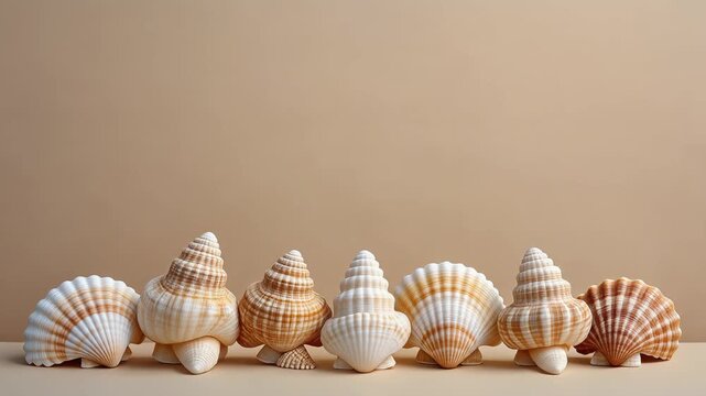 Collection of Assorted Seashells on Beige Background, Beach Decor, Ocean Life