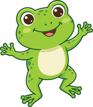 Cute green frog vector illustration in a cartoon style, waving happily with a friendly smile for kids