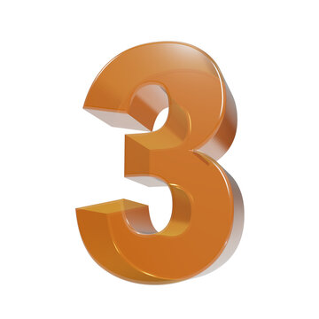 Shiny glossy orange 3d number three digit symbol isolated on black background, for typography projects isolated on a transparent background
