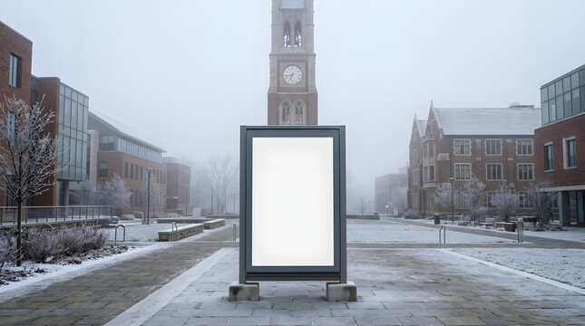 Blank vertical poster mockup on a snowy campus with clock tower