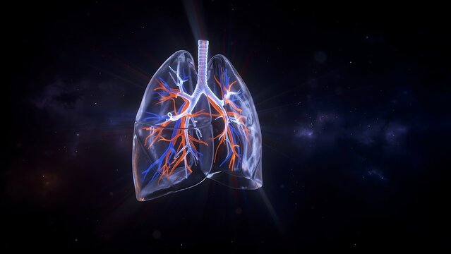 Human lungs with blood vessels and bronchi in dark background