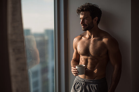 Shirtless Man Holding Coffee Mug By Large Window In Morning Light At Home