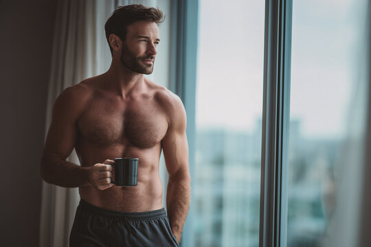 Shirtless Man Holding Coffee Mug By Large Window In Morning Light At Home