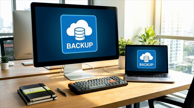 Cloud backup data storage concept on computer screens in modern office