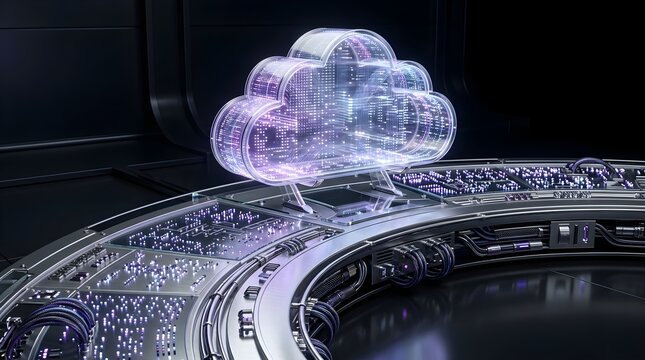 Futuristic cloud computing symbol, glowing digital data network on circular server hardware