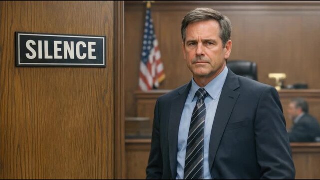 A man in a suit and tie standing in a courtroom, a common scene in a legal setting