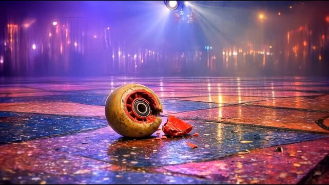 A skateboard with a red wheel on a wet surface, great for action or sports ry