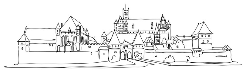Obraz premium Medieval castle fortress with defensive walls and towers in continuous line drawing style