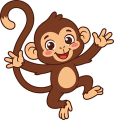 Obraz premium Cute cartoon monkey swinging and smiling happily with a long tail in a playful pose for kids design