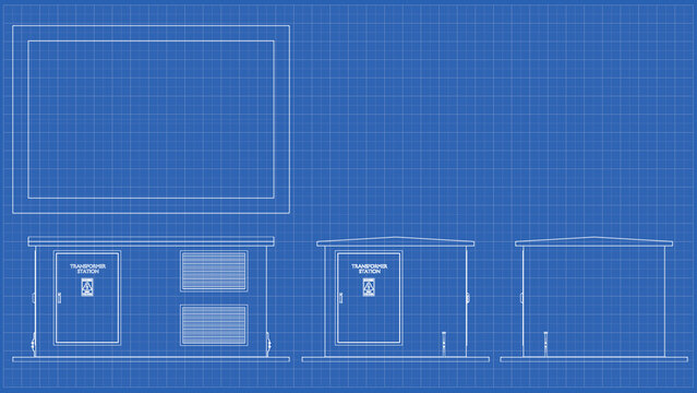 Distribution Substation - Technical Drawing - Transformer Building. Orthographic views. 3D rendering isolated on blue background. 3D Mesh, Sketch, Blueprint, Vector style