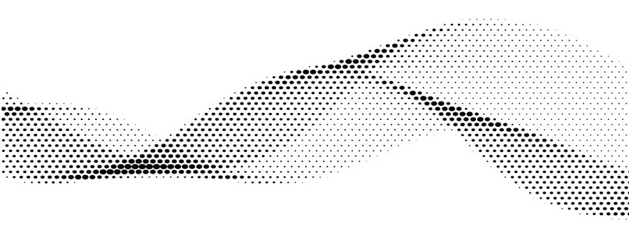 Black halftone wave background. Dotted curved flow wallpaper. Abstract textured grainy fluid backdrop. Vector grit pop art swoosh element for poster, banner, overlay, card, brochure, flyer, leaflet