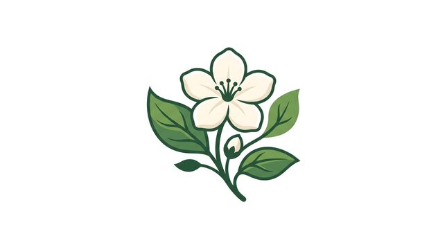 Minimalist vector illustration of a white jasmine flower with green leaves and buds, isolated on a clean white background