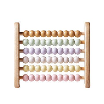 Wooden abacus with pastel colored beads isolated on transparent background for counting and math