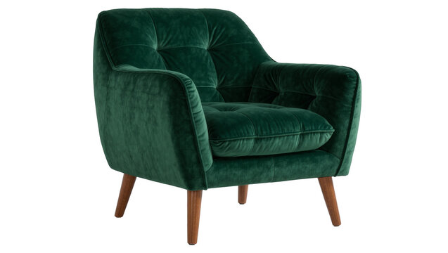 Deep green velvet armchair with tufted back and wooden legs, isolated on transparent background