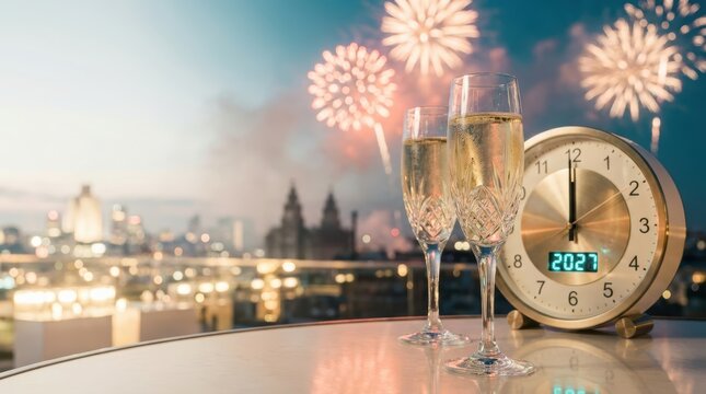 New Year celebration with champagne glasses and clock showing midnight with fireworks over city skyline.