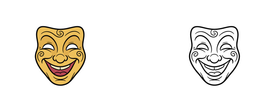 Smiling comedy theatre mask vector illustration in flat yellow color and black line art styles on white background for drama acting performance carnival design