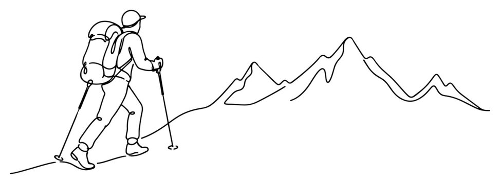 Hiker with backpack and trekking poles climbing mountain in continuous line drawing style