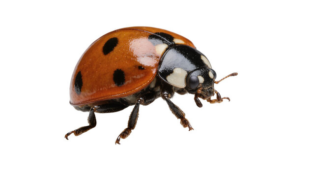 Orange ladybug with black spots, isolated on transparent background