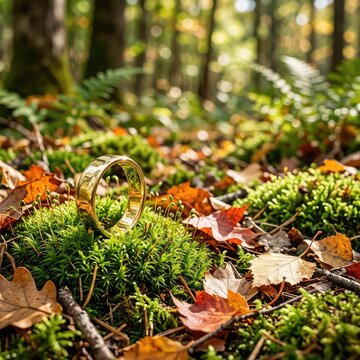 A polished gold wedding band rests among vibrant green moss and fallen leaves on the sun-dappled forest floor in a secluded woodland setting, golden, shiny, band