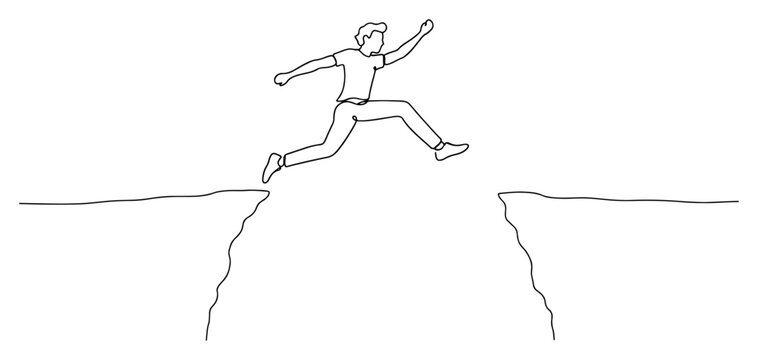 Man jumping across chasm between cliffs in continuous line drawing style