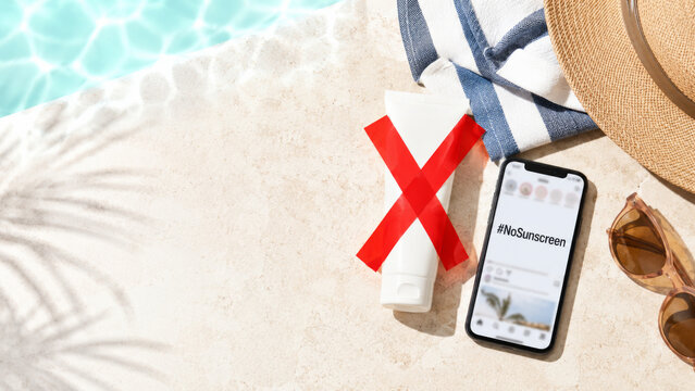 Sunscreen safety awareness concept with phone showing #NoSunscreen on poolside background